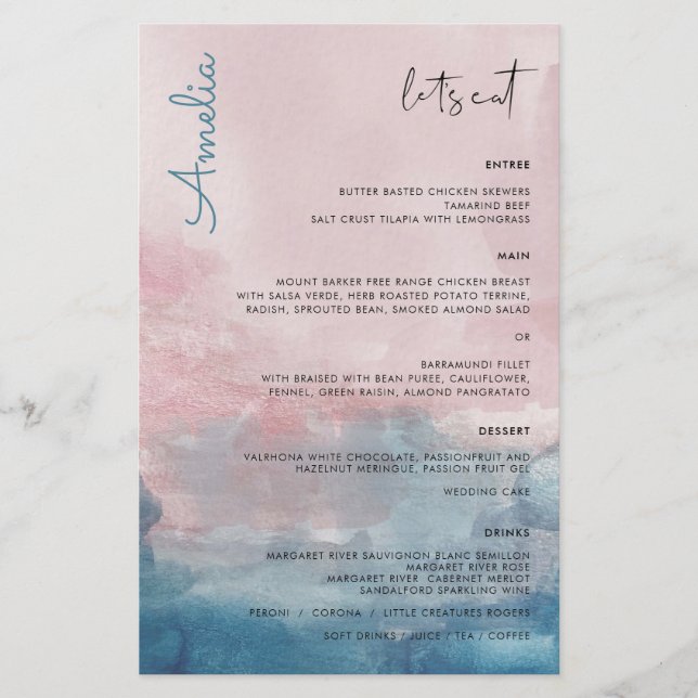 Blue and Pink Watercolor Menu with name (Front)