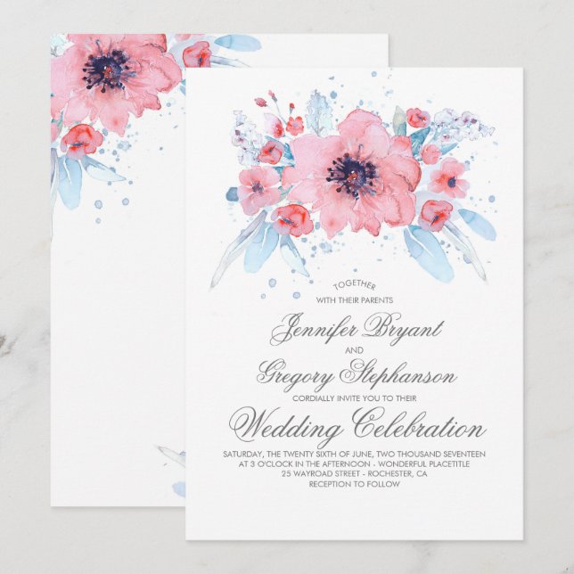Blue and Pink Watercolors Floral Wedding Invitation (Front/Back)