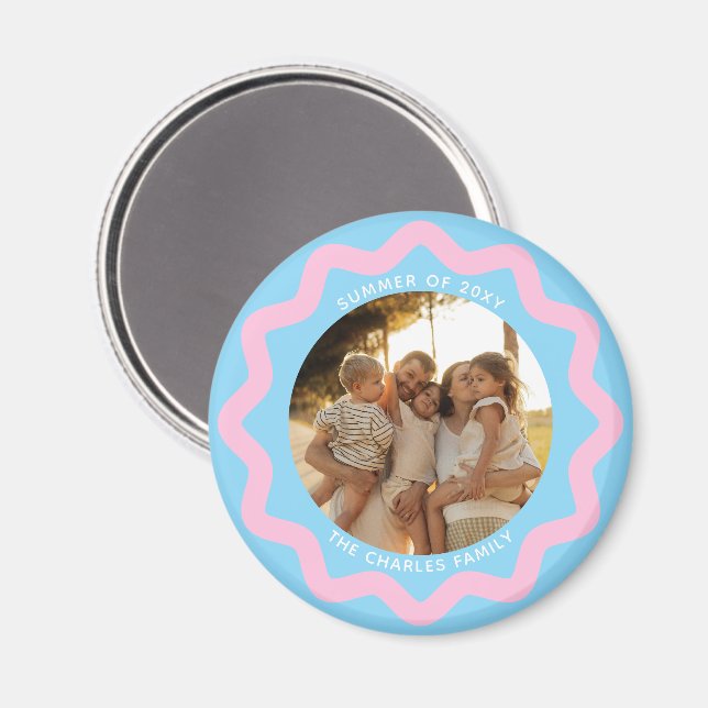 Blue and Pink Wavy Circle Photo Frame with Text Magnet (Front/Back)