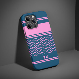 Blue and Pink Wavy Stripes Pattern Monogram iPhone 16 Pro Case