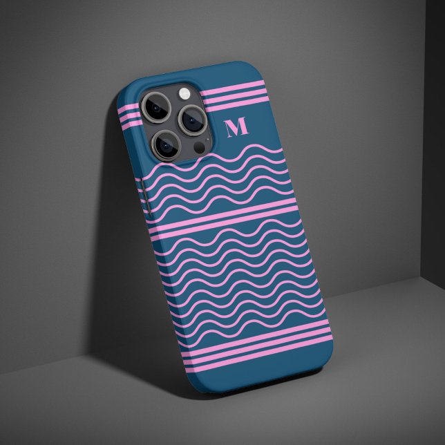 Blue and Pink Wavy Stripes Pattern Monogram Case-Mate iPhone Case (Creator Uploaded)