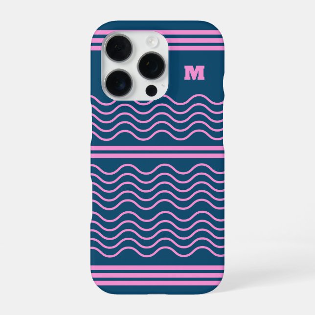 Blue and Pink Wavy Stripes Pattern Monogram iPhone Case (Back)