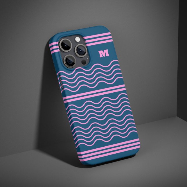 Blue and Pink Wavy Stripes Pattern Monogram iPhone Case (Creator Uploaded)