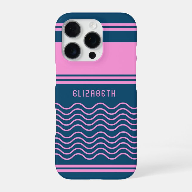 Blue and Pink Wavy Stripes Pattern Monogram iPhone Case (Back)