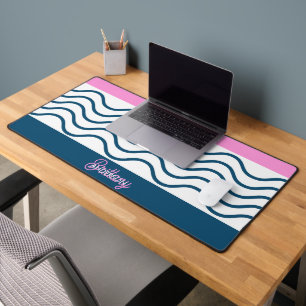 Blue and Pink Wavy Stripes Pattern Personalised Desk Mat