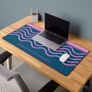 Blue and Pink Wavy Stripes Pattern Personalised Desk Mat