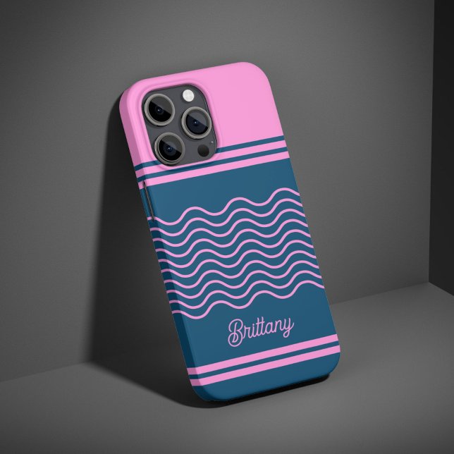 Blue and Pink Wavy Stripes Pattern Personalised  iPhone Case (Creator Uploaded)