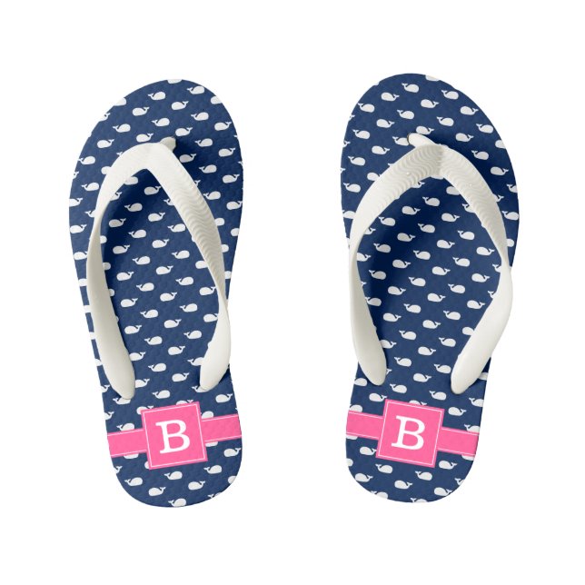 Blue and Pink Whales Square Monogram Kid's Flip Flops (Footbed)