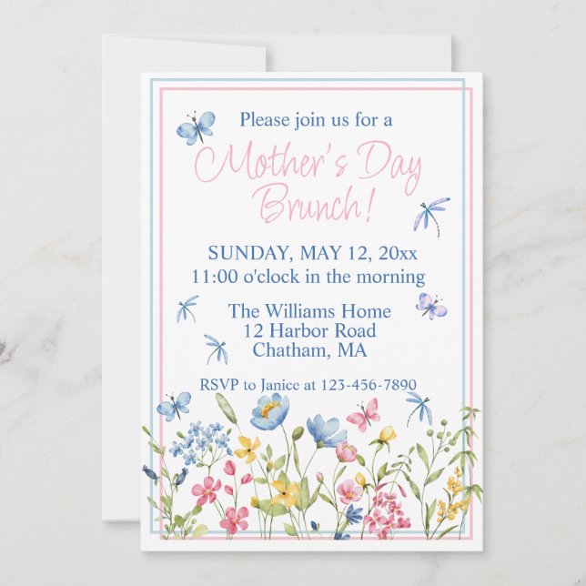 Blue and Pink Wildflower Garden Mothers Day Brunch Invitation (Front)