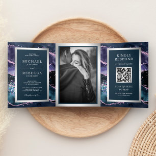 Blue and Purple Agate Marble QR Code Wedding Tri-Fold Invitation