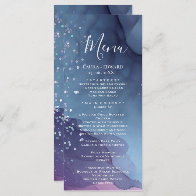 Blue and purple alcohol ink with glitter mystic menu (Front/Back)