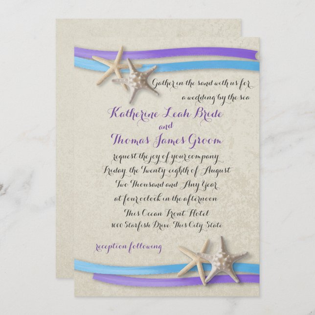 Blue and Purple Beach Wedding Starfish and Ribbon Invitation (Front/Back)
