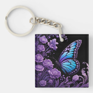 Blue and Purple Butterfly Floral  Key Ring