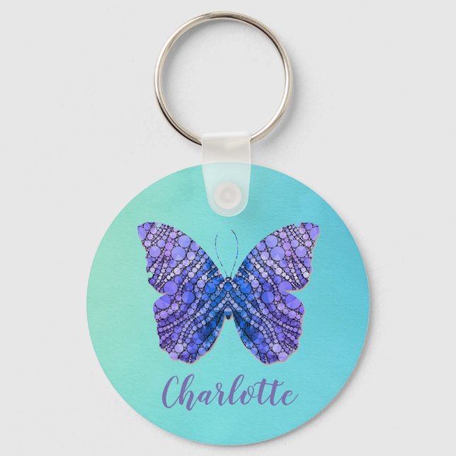 Blue and Purple Butterfly Name Monogram Key Ring (Front)