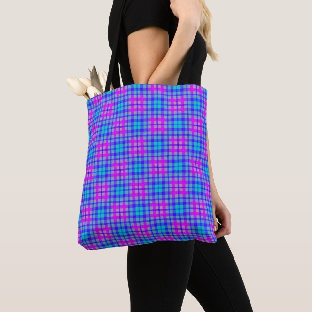 Blue and Purple Colourful Plaid Modern Tote Bag (Close Up)