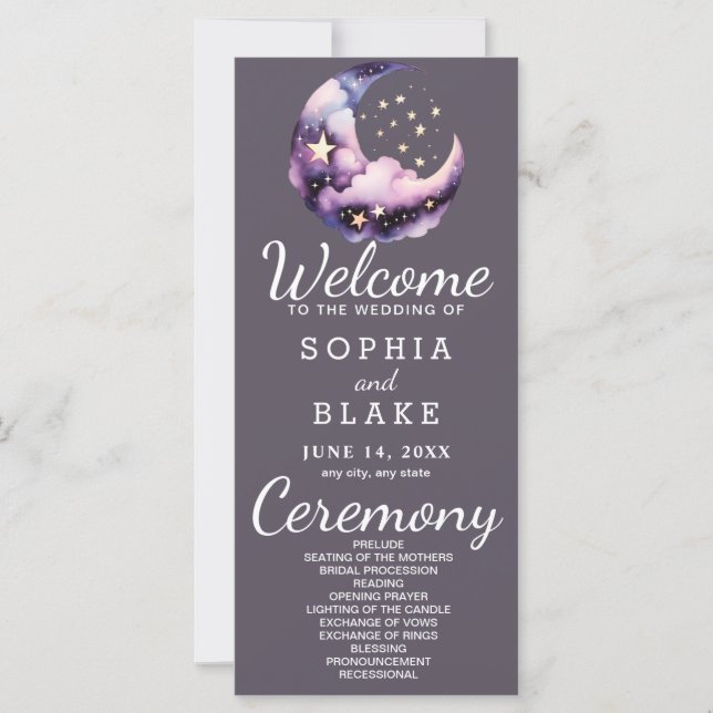 Blue and Purple Crescent Moon Wedding Program (Front)