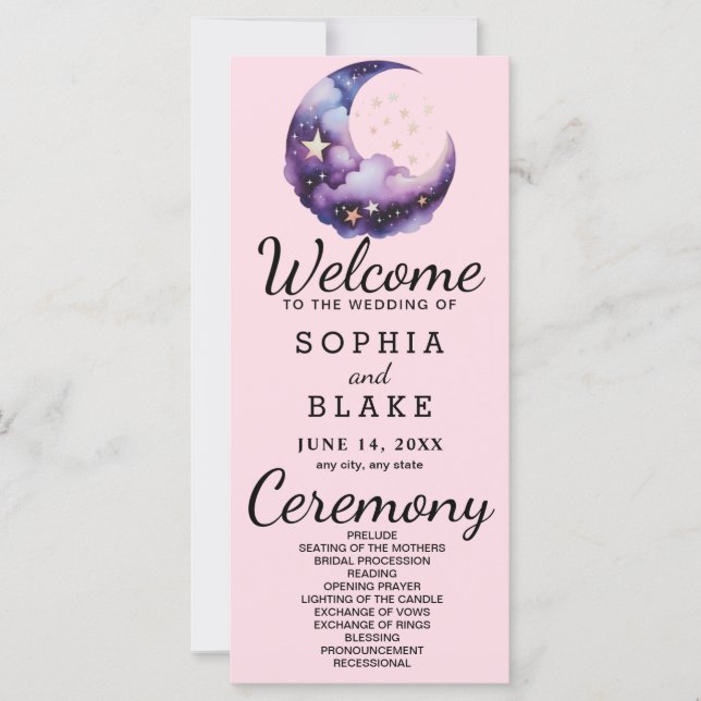 Blue and Purple Crescent Moon Wedding Program (Front)