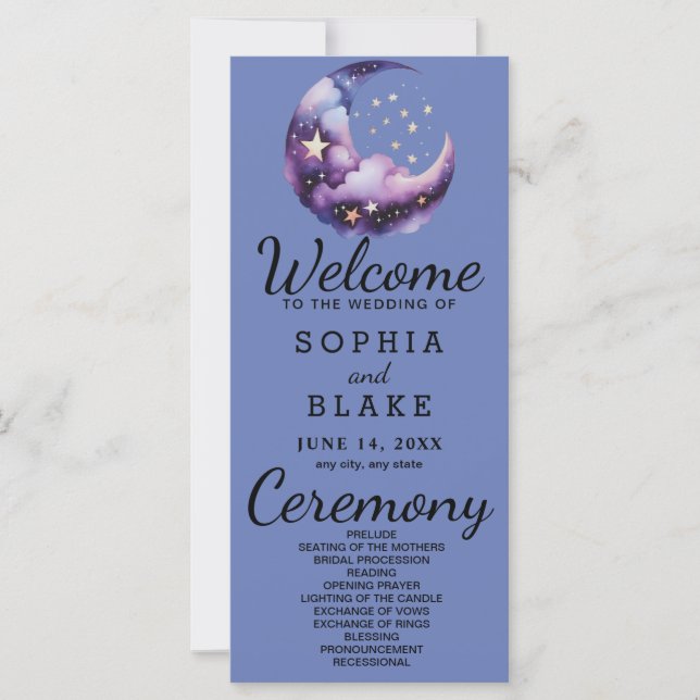 Blue and Purple Crescent Moon Wedding Program (Front)