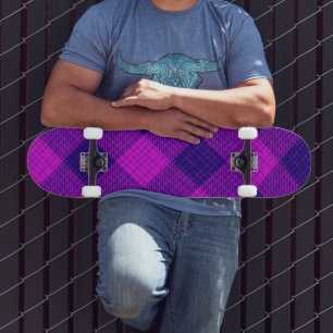 Blue and Purple Crosshatch Chequered Design Skateboard