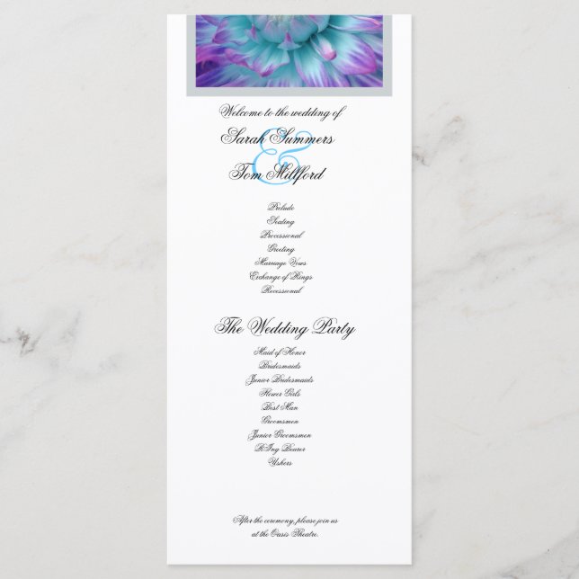 Blue and Purple Dahlia Lace Accent Wedding Program Programme (Front)