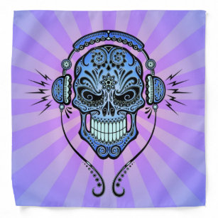 Blue and Purple DJ Sugar Skull with Rays of Light Bandana