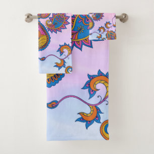 Blue and Purple Floral Art, Mehndi Blue Bliss Bath Towel Set