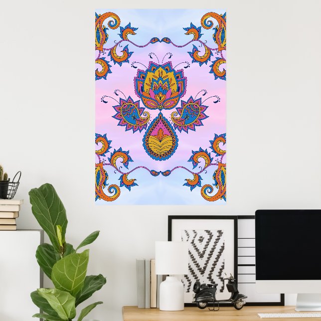 Blue and Purple Floral Art, Mehndi Blue Bliss Poster (Home Office)