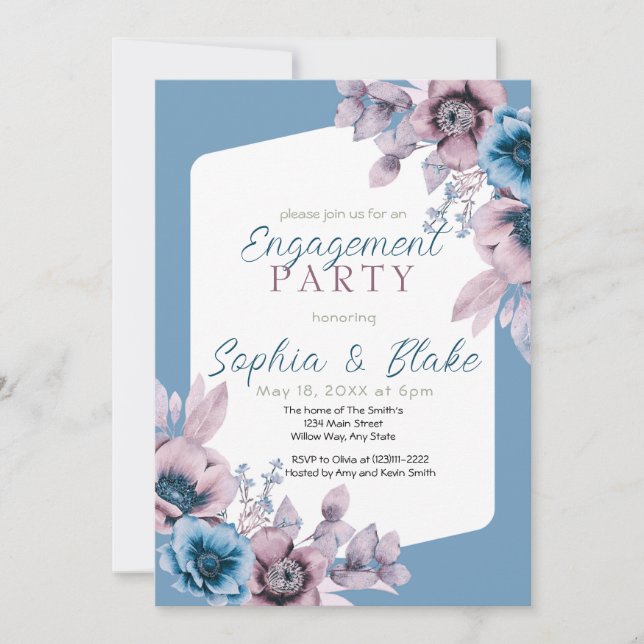 Blue and Purple Floral Blue Engagement Party  Invitation (Front)