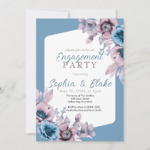 Blue and Purple Floral Blue Engagement Party Invitation