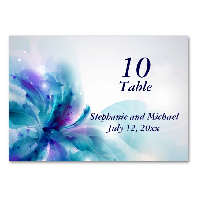 Blue and Purple Floral Design Table Card (Front)