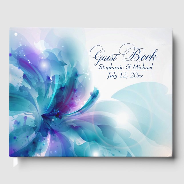 Blue and Purple Floral Design Wedding Guest Book (Front)