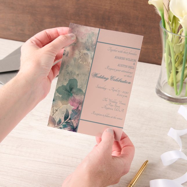 Blue and Purple Floral Framed  Wedding Vellum Invitations (Handheld)