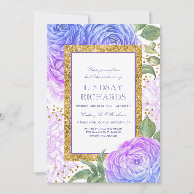 Blue and Purple Floral Gold Bridal Shower Invitation (Front)