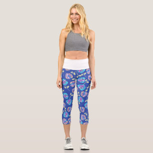 Blue and Purple Floral Pattern Capri Leggings