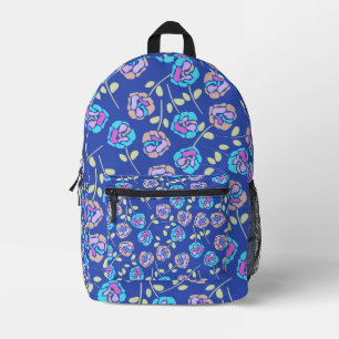 Blue and Purple Floral Pattern Printed Backpack