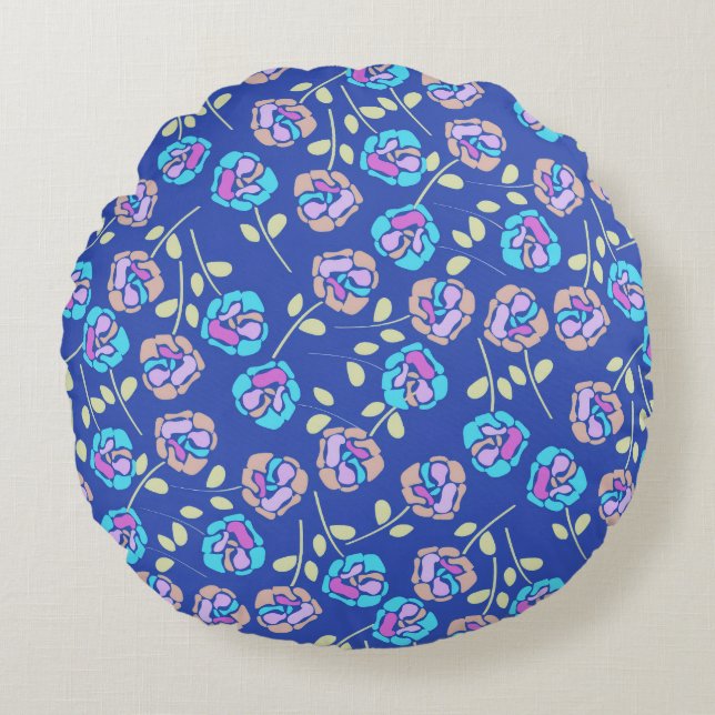 Blue and Purple Floral Pattern Round Cushion (Front)