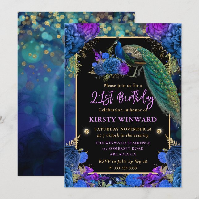 Blue and Purple Floral Peacock 21st Birthday Invitation (Front/Back)