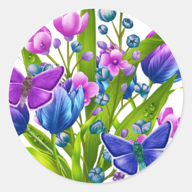 Blue and Purple Floral Sticker with Butterflies (Front)