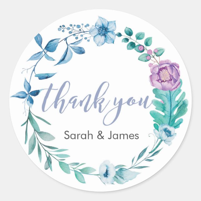 Blue and Purple Floral Thank you wedding stickers (Front)