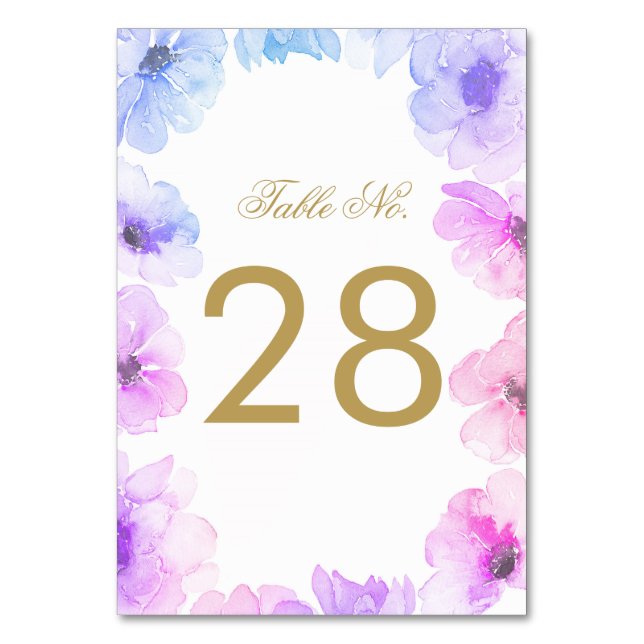 Blue and Purple Floral Wedding Table Number (Front)