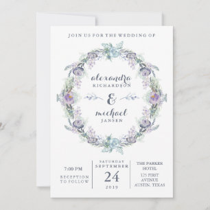 Blue and Purple Floral Wreath Wedding Invitation
