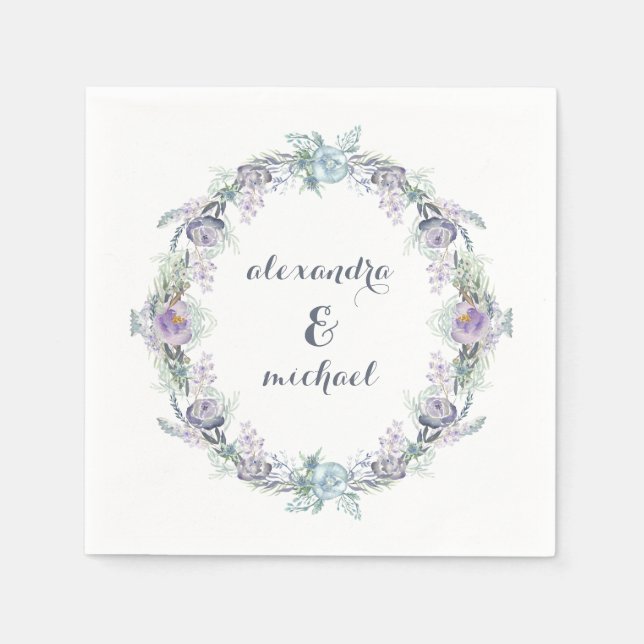 Blue and Purple Floral Wreath Wedding Napkin (Front)