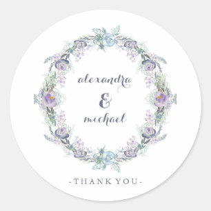 Blue and Purple Floral Wreath Wedding Thank You Classic Round Sticker