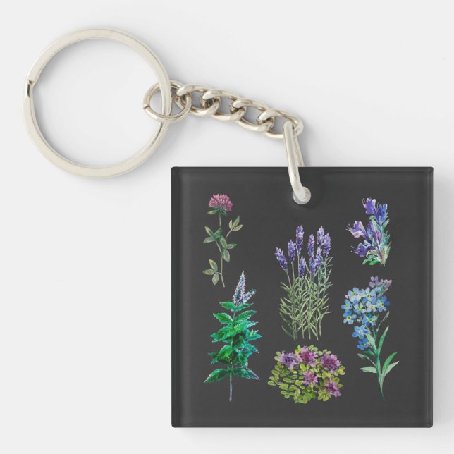Blue and purple flowers in watercolors key ring (Front)