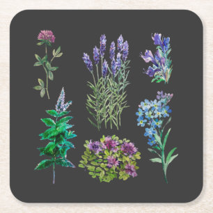 Blue and purple flowers in watercolors square paper coaster