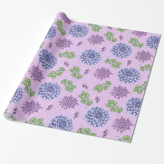 Blue and Purple Flowers on Lavender Wrapping Paper (Unrolled)