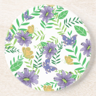 Blue and Purple Flowers with Butterflies Coaster