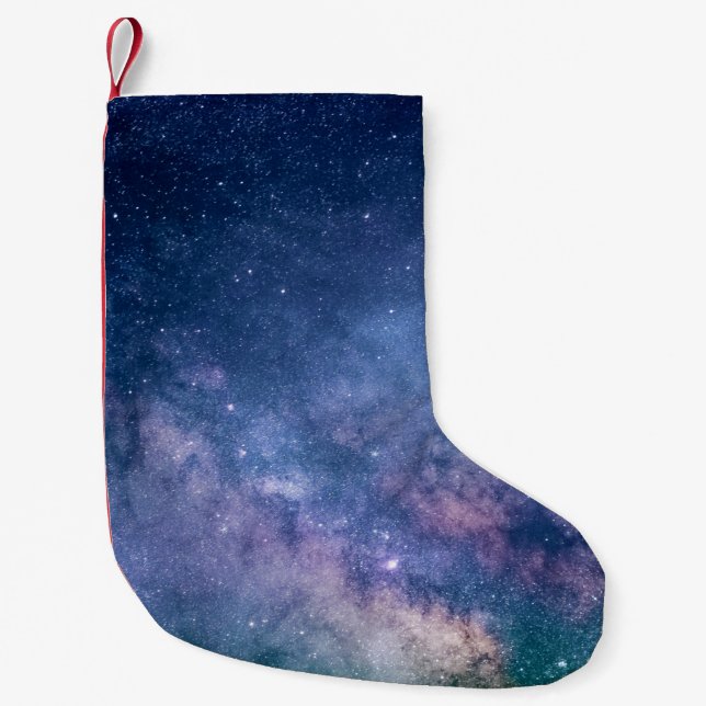 Blue and purple galaxy digital small christmas stocking (Front)