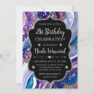 Blue and Purple Glitter Marble Agate 21st Birthday Invitation