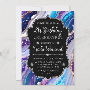 Blue and Purple Glitter Marble Agate 21st Birthday Invitation